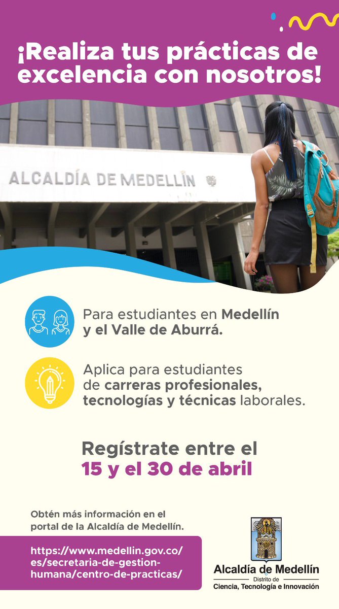 ¡Realiza tus prácticas de excelencia con nosotros! 🙌🏻 Si eres estudiante en Medellín y el Valle de Aburrá, ingresa aquí ➡️ medellin.gov.co/es/secretaria-…