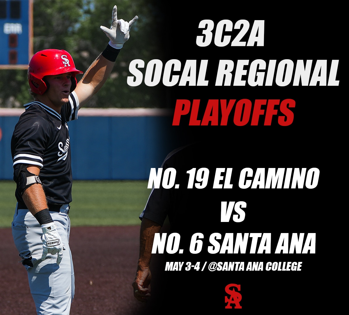 The Santa Ana College Baseball team has earned the No 6️⃣ seed and will host No. 1️⃣9️⃣ El Camino College in the 3C2A SoCal Regional Playoffs! Game 1 will be on Friday, May 3rd at 2PM. Tickets: $12 - GA $8 - Seniors 60+, Students, Children 6-12. #DonsRoll #3C2A #Playoffs