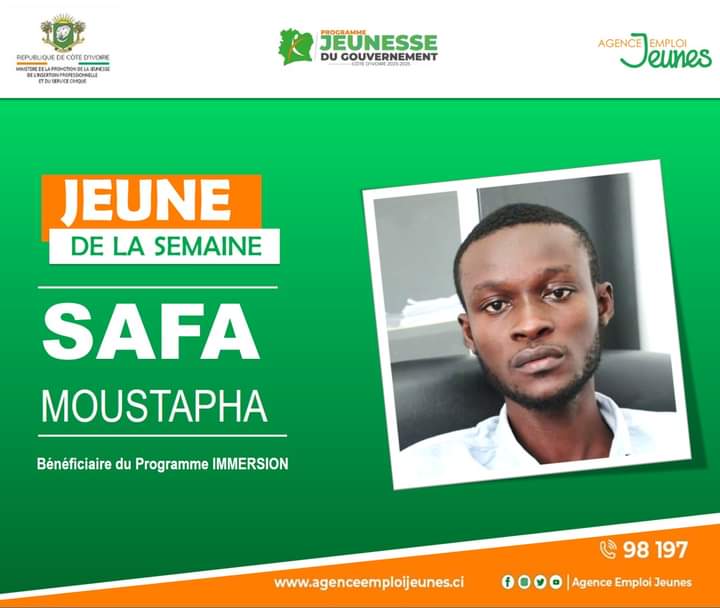 #JeuneDeLaSemaine Diplômé d'un Master en géographie, SAFA a suivi le Programme Spécial d'Immersion 2023 de l'Agence Emploi Jeunes. Ce stage au sein de l'Agence de Treichville lui a permis de s'initier au monde professionnel, de développer ses aptitudes & d'affiner son profil Pro.