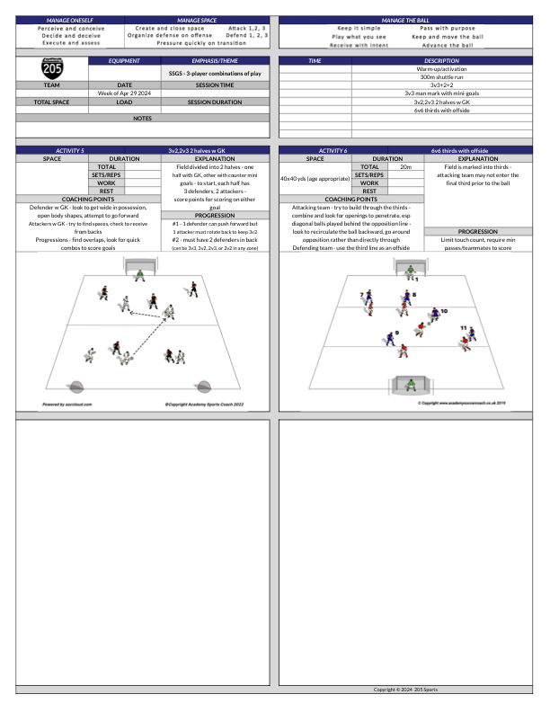 205 club weekly session plan W18 - Warmup, movement patterns, rondos, SSGs, mobility Theme - SSGs, 3-player combinations @TacticalPad videos, notes: bit.ly/3JwHRWX @JustCoachMD @FootballTrnng @TheCoachesArea @Coach_Temisan @TheS_Resource @AcademySCoach @Coach_B_Godwin