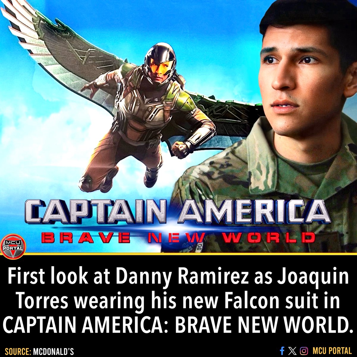 New McDonald’s promo gives us a first look at Joaquin Torres suited up as the new Falcon! 

CAPTAIN AMERICA: BRAVE NEW WORLD hits theaters February 14, 2025!

#thefalcon #captainamericabravenewworld