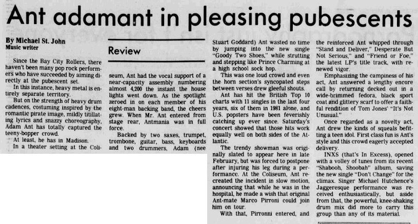 #OTD 1983: Friend or Foe Tour and Adam is playing Madison WI, rescheduled due to his onstage knee injury: 'Ant recreated the incident in slow mo, announcing that while in hospital, he made a wish that Ant-mate Marco Pirroni could join him on tour. With that, Pirroni entered..'