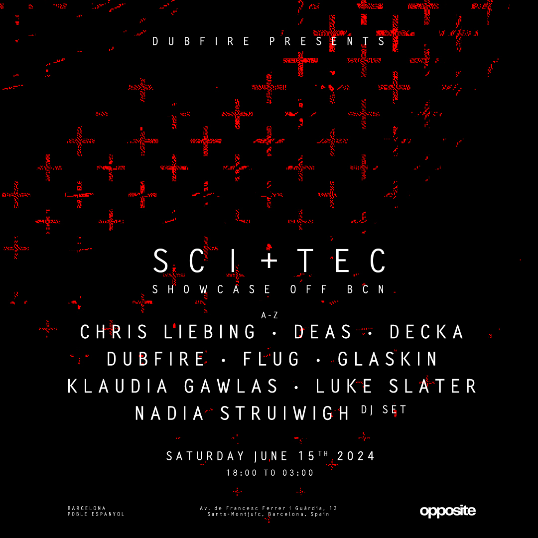 Very excited to announce a 9hr @scitec_digital techno onslaught at OFF BCN! Featuring @nadiastruiwigh @DeckaUK @flugofficial Klaudia Gawlas, Deas @GlaskinMUC & the legendary @reallukeslater & @ChrisLiebing on June 15. Tickets: ra.co/events/1896406