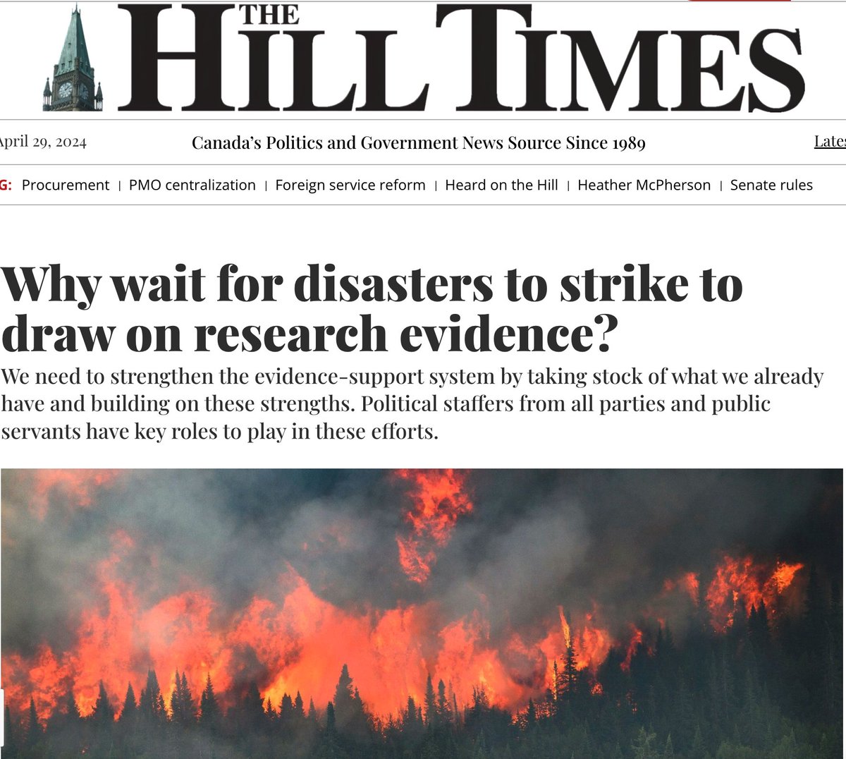 With the country engulfed in wildfires last year, governments turned to evidence for how to protect the health of communities, but how can we make it the norm? @Lavisjn & Kerry Waddell share insights in this article from @TheHillTimes buff.ly/3Jfg9hc #cdnpoli 🧵 1/7