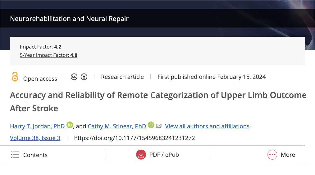 Authors tested the accuracy & reliability of the Fast Outcome Categorization of the Upper Limb after Stroke-4 (FOCUS-4) administered remotely to assess upper limb outcomes after #stroke. The remote assessment tool has potential pending external validation. journals.sagepub.com/doi/full/10.11…