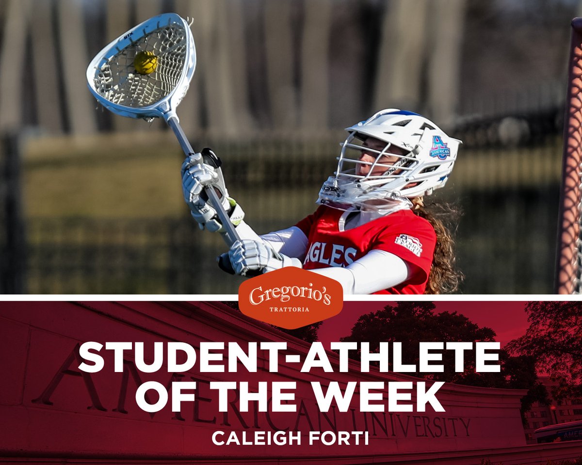 After setting a new program record for saves in a game, junior Caleigh Forti of @AU_Lacrosse is our Gregorio's Trattoria Student-Athlete of the Week! The Eagles lost 18-10 at #20 Navy in their season finale despite an impressive 21 saves from Forti. ➡️ aueagles.link/forti-aow