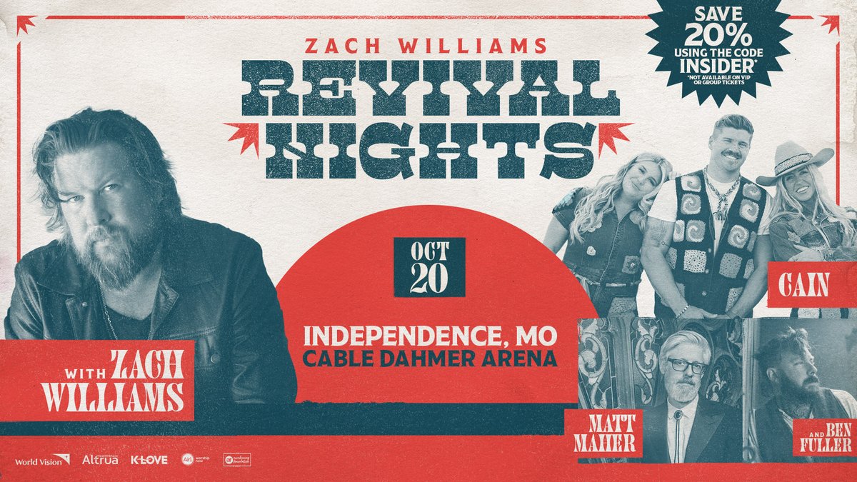 Zach Williams is hitting the road this fall with friends CAIN, Matt Maher, and Ben Fuller for the Revival Nights Tour and coming to Cable Dahmer Arena on 10/20!  #RevivalNights cdarena.info/ZachWilliams