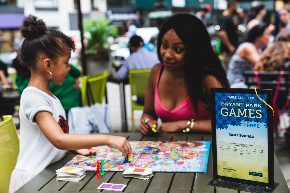 GAME ON 🎲! This week our game socials officially begin! All events are free and located at the Games amenity on the 40th Street Plaza 🙌. Grab your friends, family, or that special someone, and game on! Tap to see what to play this week 💚: bryantpark.org/activities/gam…