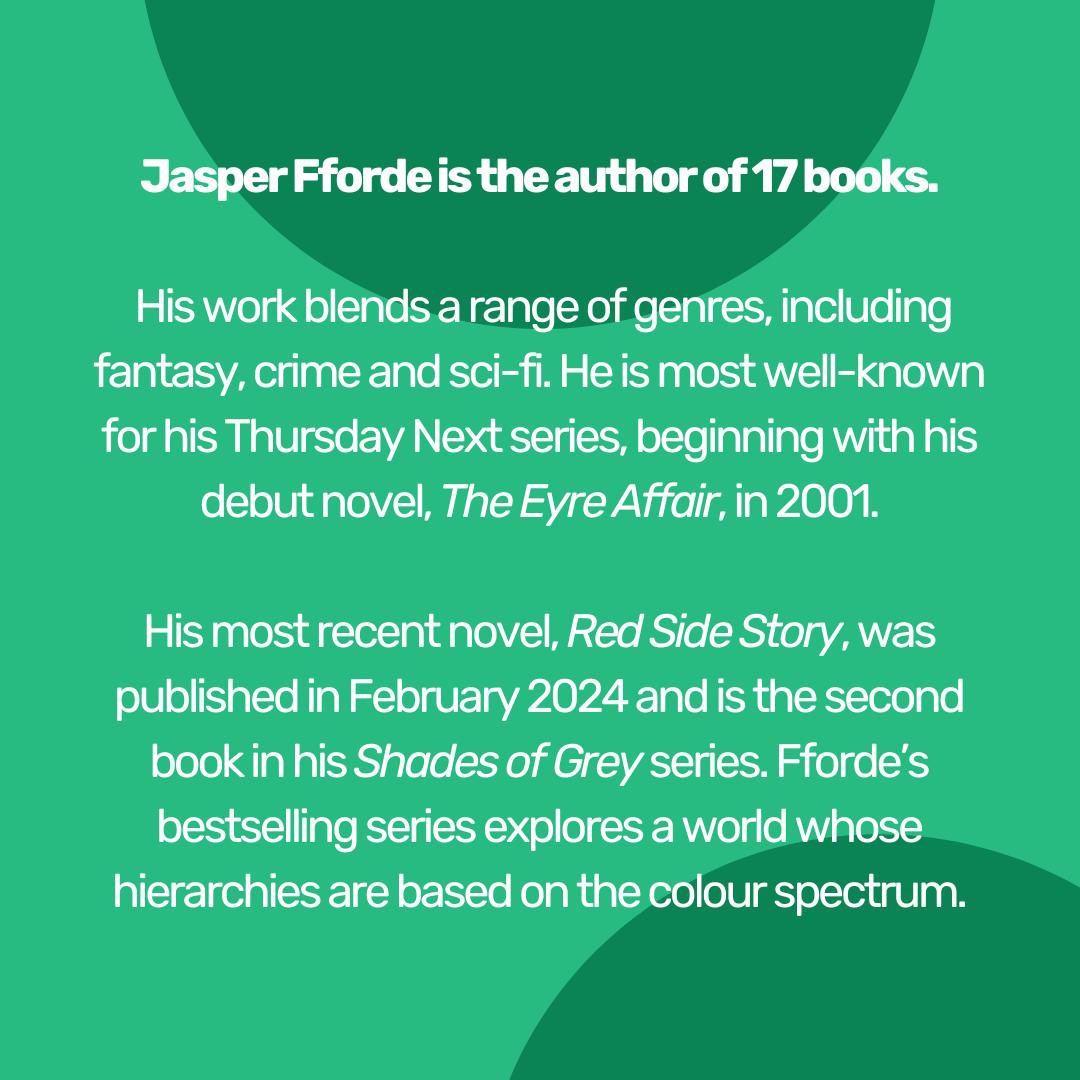 Introducing... Jasper Fforde!! ✨💚 We cannot wait to join Jasper Fforde on Thursday 30th May for a bespoke creative writing workshop and talk about his most recent novel, Red Side Story. 📅🎉 #jasperfforde #jasperffordebooks #luliteraryfestival #literaryfestival #loughborough