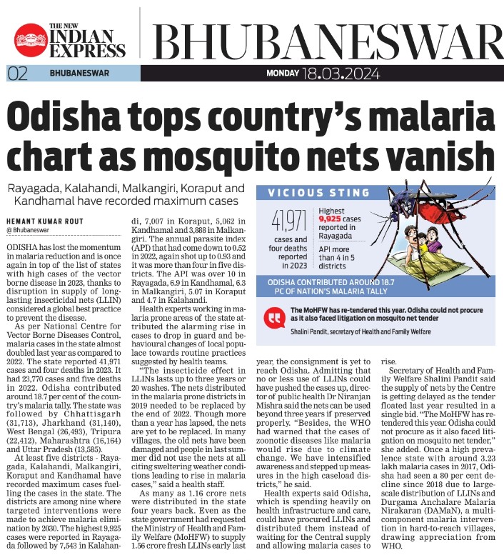 #TNIEImpact: Odisha govt writes to the Centre seeking immediate supply of 1.56 crore LLINs to prevent further rise in malaria caseload. Delay in supply of mosquito nets was one of the reasons behind an alarming rise in malaria cases in the state in 2023. newindianexpress.com/amp/story/stat…