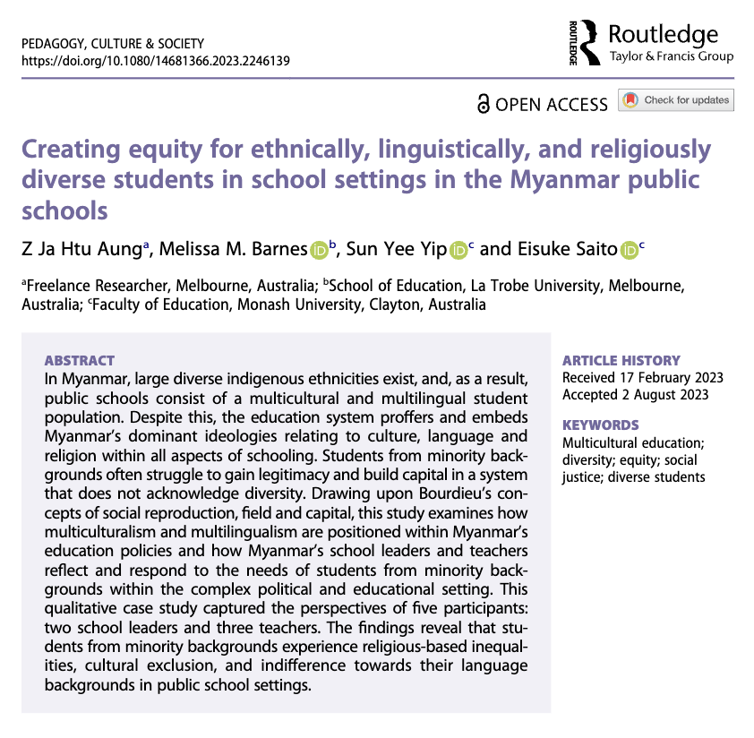 🇲🇲In Myanmar's diverse classrooms, dominant ideologies overlook minority students, stifling opportunity. This study calls for urgent inclusive reform. 
@SunYeeY @eisuke_saito @MonashUni

🤗Feel free to share this 'open-access' article!

#EducationForAll #Myanmar