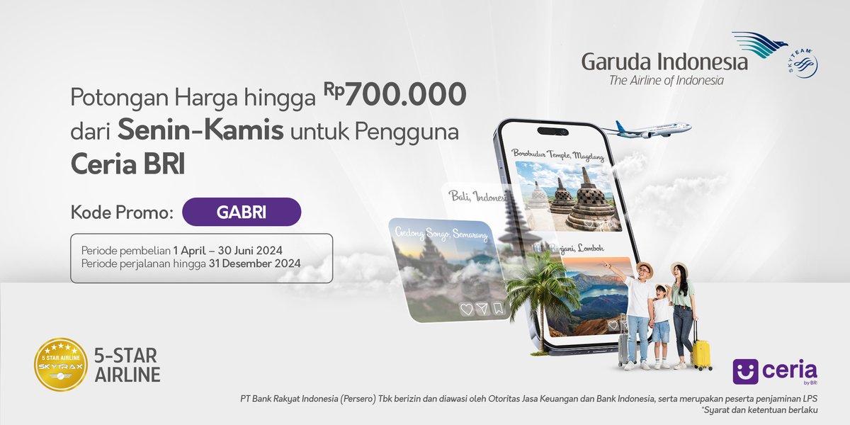 Nikmati potongan harga hingga Rp700.000 setiap Senin hingga Kamis dengan menggunakan Kartu Debit BRI! Gunakan kode promo GABRI untuk pembelian tiket melalui Aplikasi FlyGaruda dan Website Garuda Indonesia! Info lengkap : garuda-indonesia.com/id/id/special-… #GarudaIndonesia