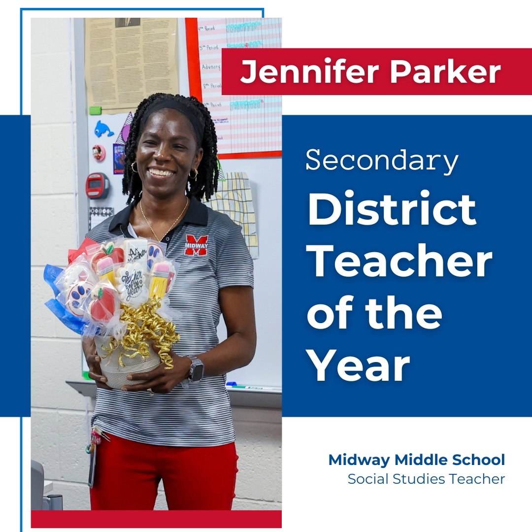 Our 2024 District Secondary Teacher of the Year is... Jennifer Parker! Mrs. Parker is a social studies teacher at Midway Middle School. Congratulations! 🎉❤️🐾