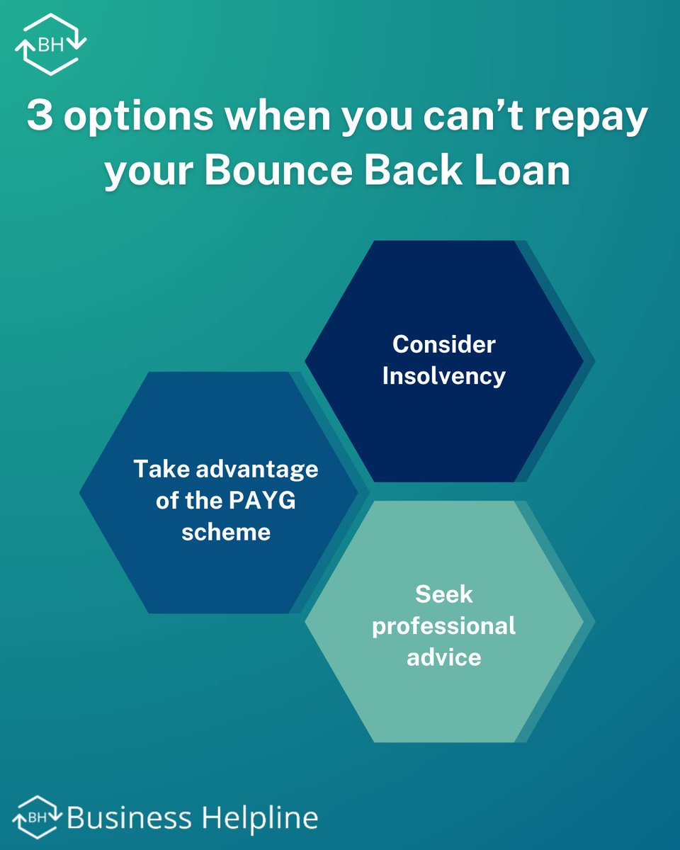 3 options when you can't repay your Bounce Back Loan

- Take advantage of the PAYG scheme
- Consider Insolvency 
- Seek professional advice

Our team of experts can provide you with free and confidential Bounce Back Loan advice. 

#loanadvice #bouncebackloan #businessdebt