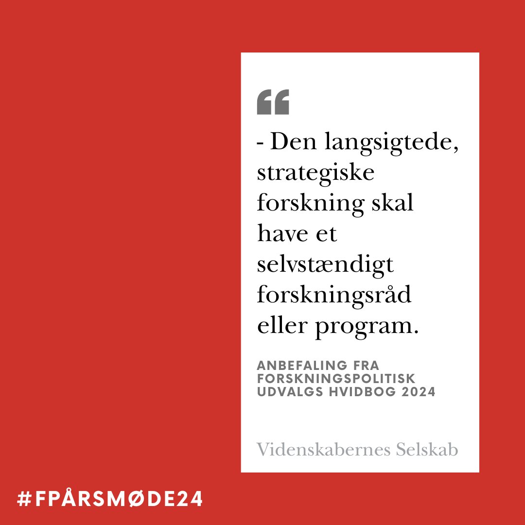 🔍 Dansk strategisk forskning – nu og i fremtiden. Dét er temaet for årets hvidbog fra det Forskningspolitiske Udvalg i @VSelskab. Hvidbogen, som er i fuld fokus på Forskningspolitisk Årsmøde senere i dag, kommer med en række anbefalinger. En af dem får I her. #FPårsmøde24