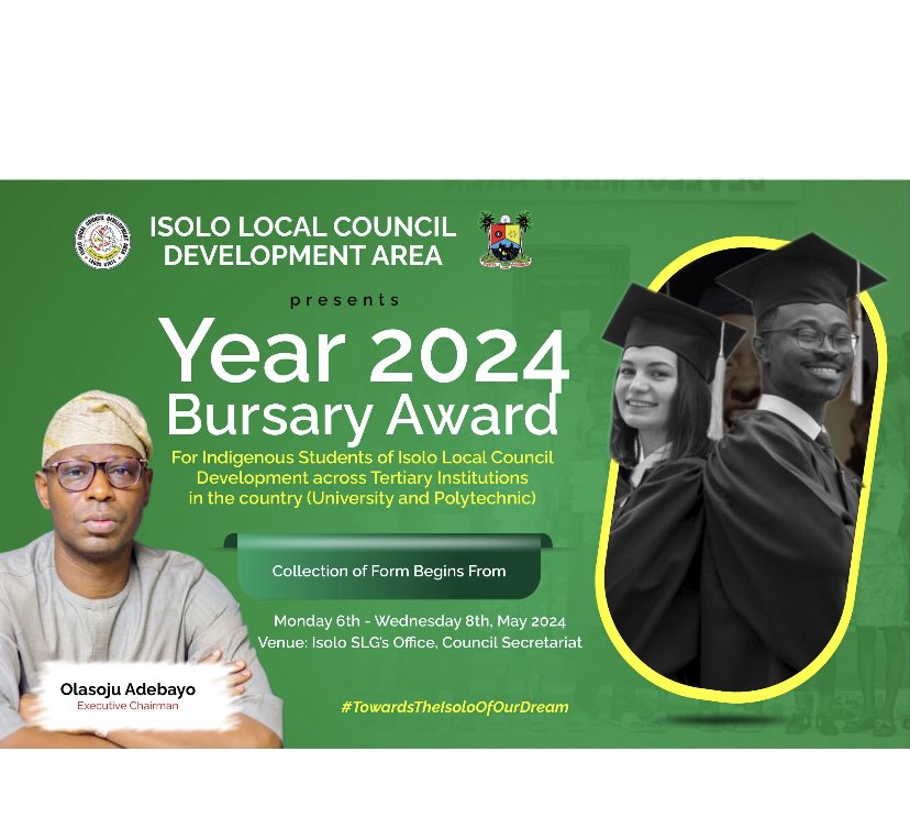 Are you an indigene or a resident of Isolo in public tertiary institutions across Nigeria?

Here comes an opportunity of a bursary award for you

See flyer for more details. 

Powered by:
Olasoju Adebayo 
Executive Chairman 

#TowardsTheIsoloOfOurDream #Isolo