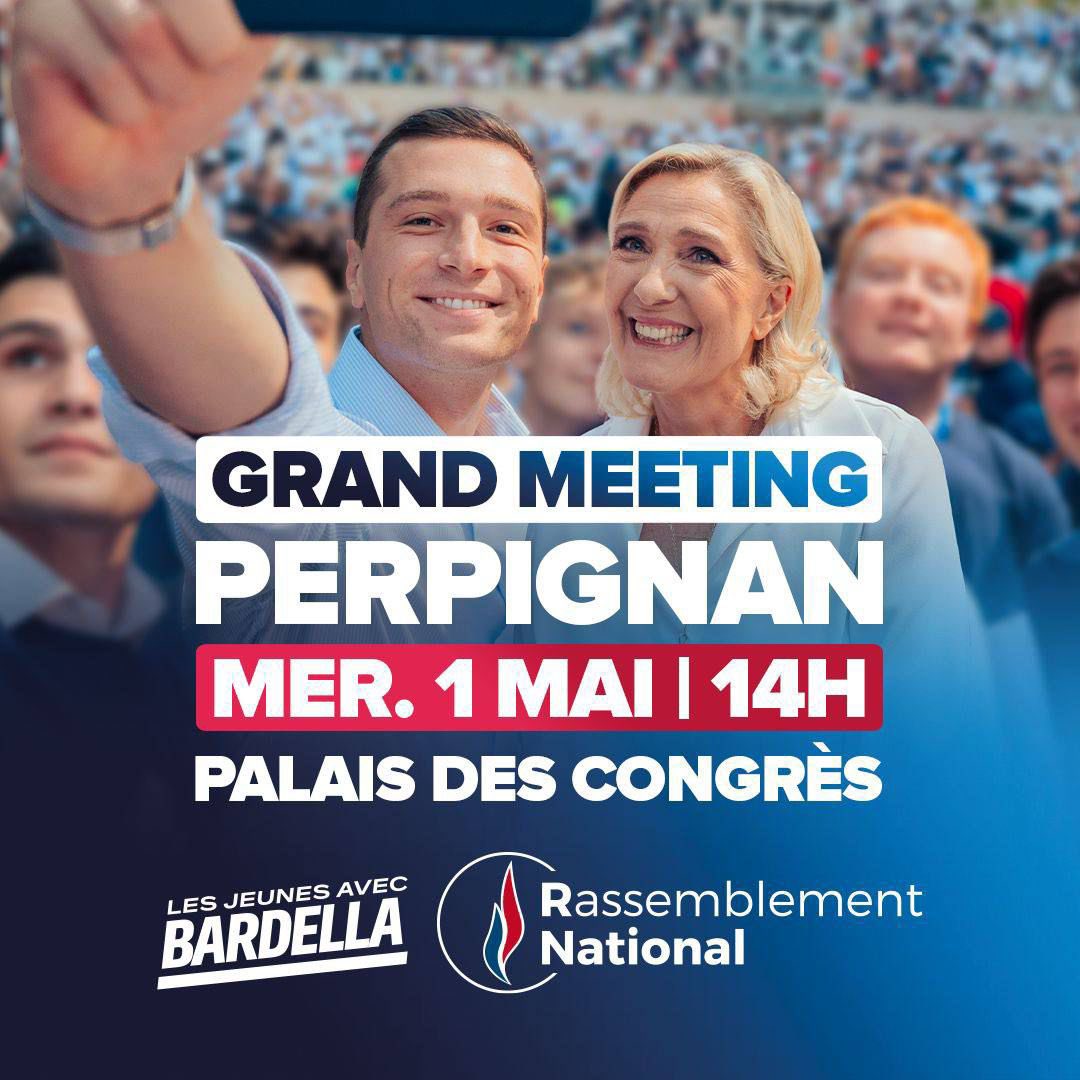 Rendez vous ce mercredi à #Perpignan pour assister au meeting du @RNational_off avec @J_Bardella et @MLP_officiel pour les #Européennes2024. Aucune voix ne doit manquer pour faire gagner l’#Europe des nations face aux Européistes de #Bruxelles ! #Vivementle9juin