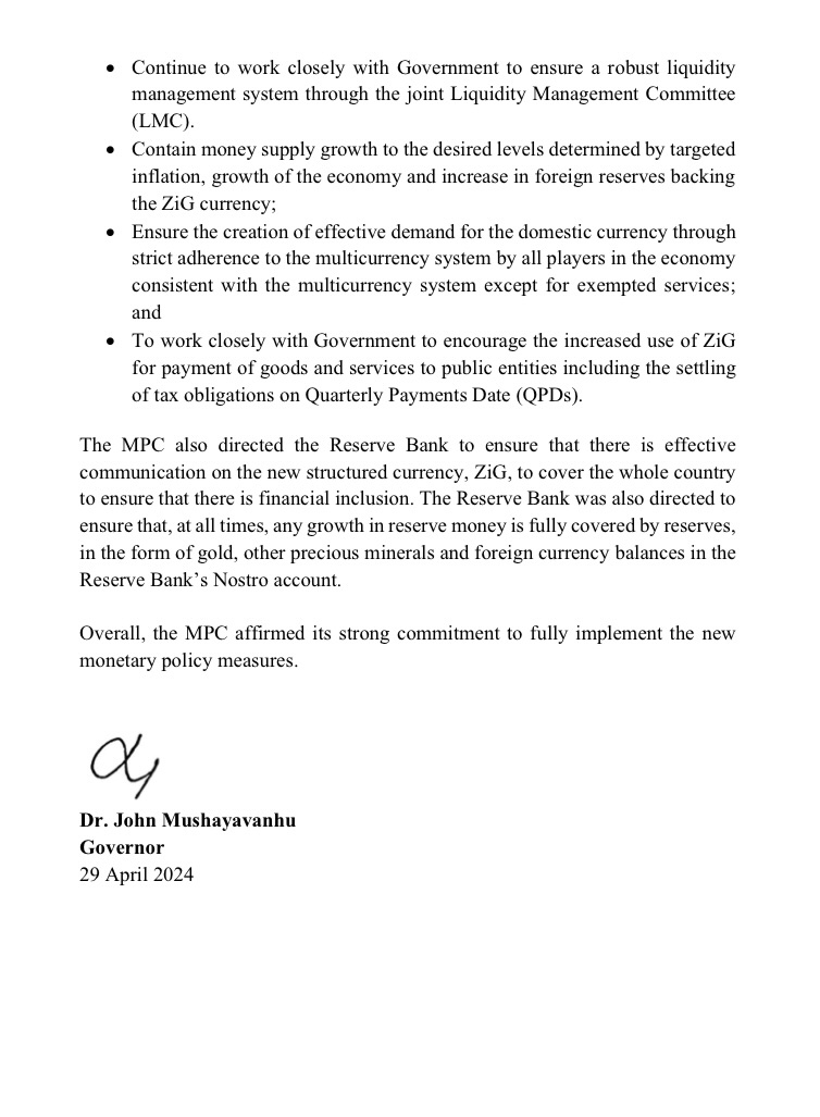 Resolutions of the #MonetaryPolicy Committee Meeting on 26 April 2024 @ReserveBankZIM @ZimTreasury @mudzengie @daddyhope @steve_hanke @InfoMinZW