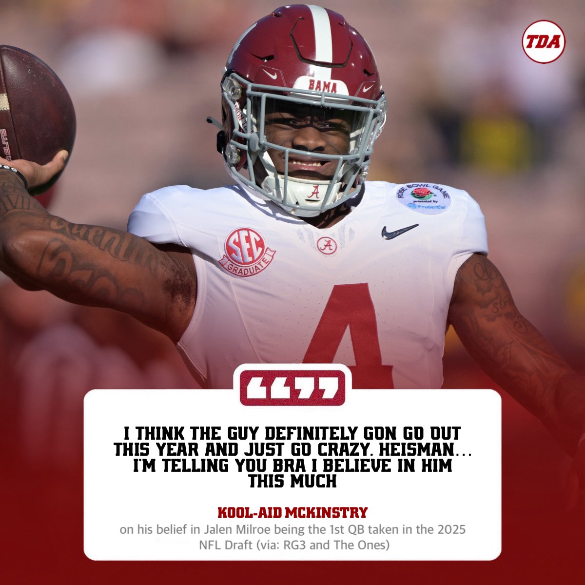 Kool-Aid McKinstry is expecting a breakout season from Alabama QB Jalen Milroe in 2024 🔜