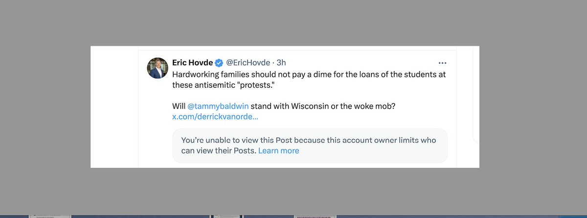 Who's Eric Hovde kidding?

He quoted Derrick Van Orden's lie about 'anti-semitic protests' at UW Madison.

DVO's link doesn't even mention 'anti-semitic' 😉

Wisconsin doesn't like liars.

link ~> msn.com/en-us/news/us/…

#WISen #wipolitics #wisdems #wisgop #WI03 #WISCONSIN