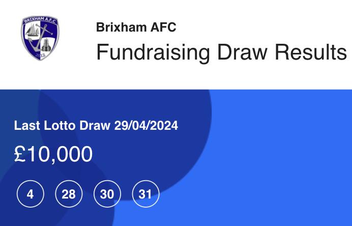 Brixham AFC Lotto 4, 28, 30 & 31 - No jackpot winners Lucky Dip Winners Mark Hazlewood- Playslip ID: 378101 -£50 Lisa Buley- Playslip ID: 378061 - £25 David Glanville- Playslip ID: 378088 - £25 Sign up here..tinyurl.com/2cvnz3pt Thank you for supporting Brixham AFC 🐟🐟🐟