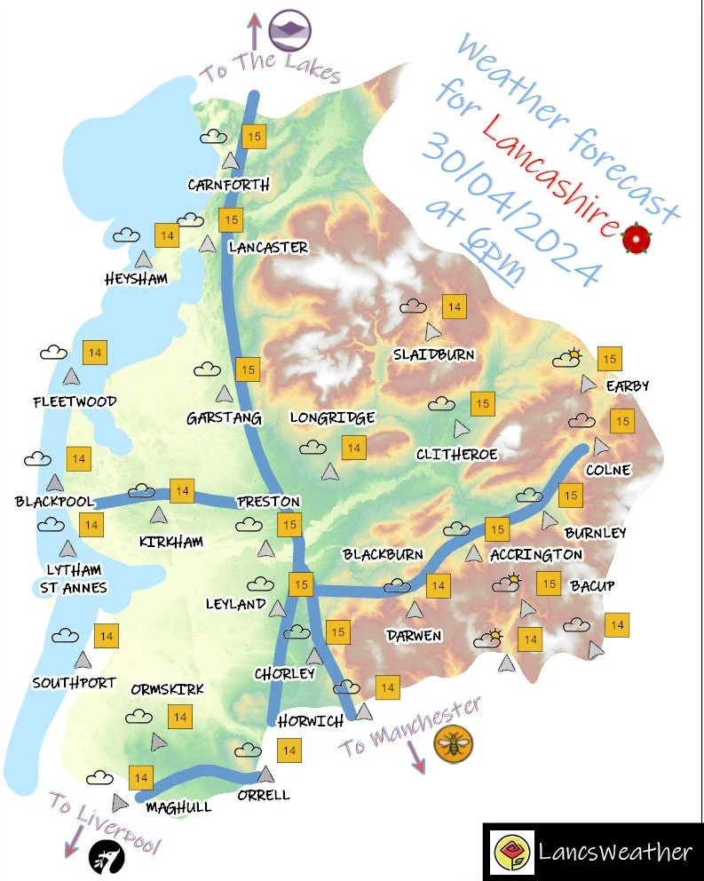 Weather forecast for Lancashire tomorrow, 🌧️ Tuesday 🌥️ 30th April 2024 #lancsweather #lancashire #weather #forecast #blackburn #blackpool #burnley #chorley #fylde #hyndburn #lancaster #pendle #preston #ribblevalley #rossendale #southribble #westlancashire #wyre