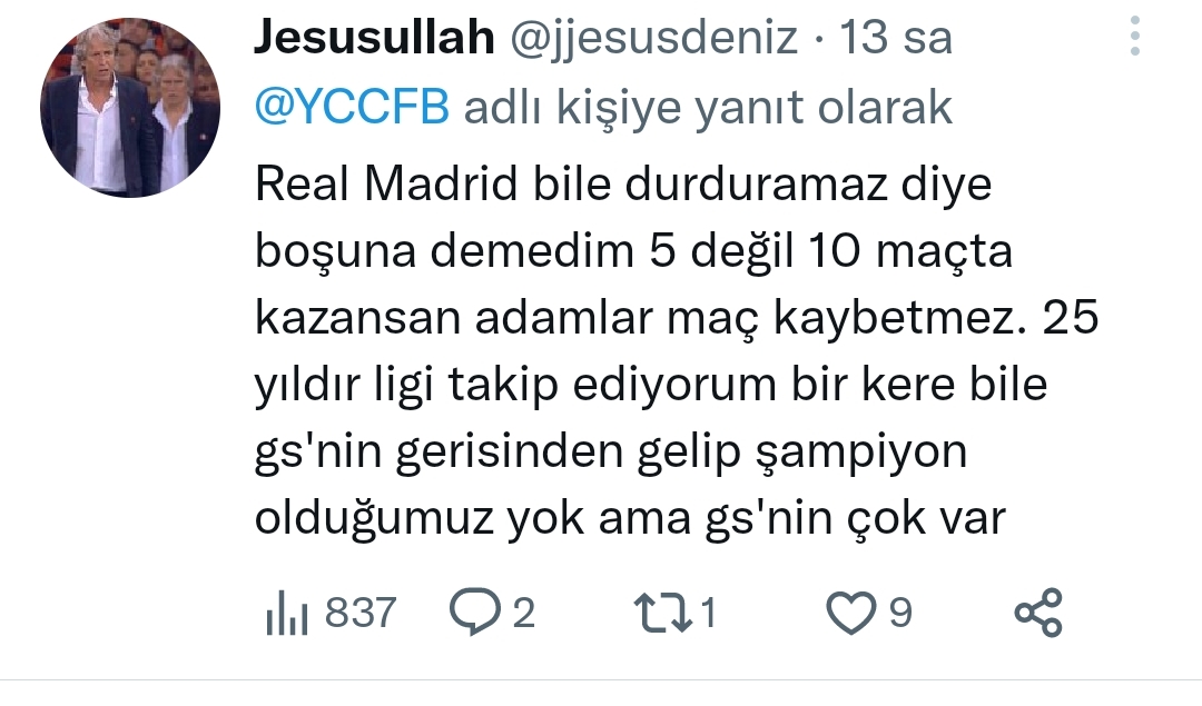 Premium Fenerbahçe'liler her zaman bilir.Son haftaya kafa kafaya girersen GALATASARAY çakar Şampiyon olur.