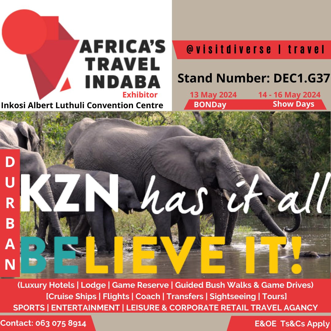 We're extremely excited to share with you that TKZN has afforded us an opportunity to participate in the 3th largest #ATI2024

Enterprise: Diverse Travel
𝐑𝐞𝐭𝐚𝐢𝐥 𝐓𝐫𝐚𝐯𝐞𝐥 𝐀𝐠𝐚𝐧𝐜𝐲

Stand number: DEC1.G37
Tourism KwaZulu-Natal

#TourismKZN #AfricaTravelIndaba