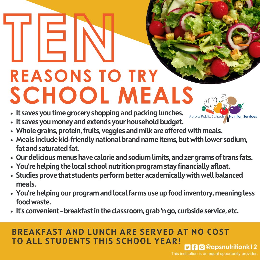 Savor the goodness of school meals with 10 fantastic reasons to dig in! Bonus: All students get to enjoy them at no cost this school year.

@aurorak12 #ATeam #auroraco #Auroracolorado #oneaurora #theAteam #excellenceinAPS #ArapahoeCO #Arapahoe #ArapahoeColorado #coschools