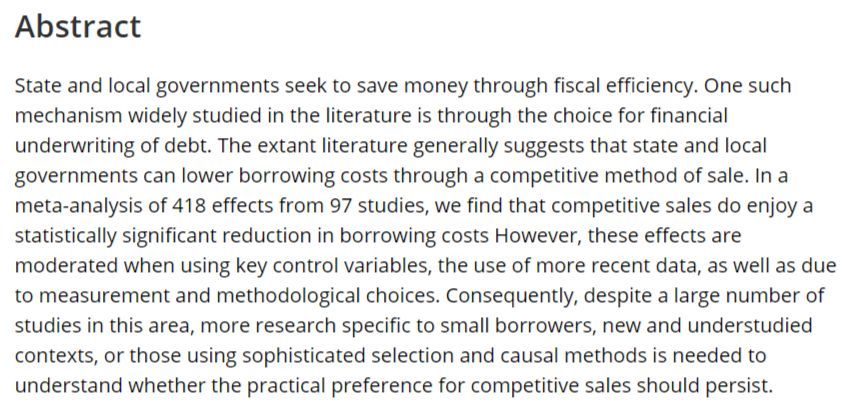 🚨New article in PAR🚨 A meta-analysis of the state and local government borrowing costs by Ed Gerrish @EdGerrish, Mikhail Ivonchyk, Cleopatra Charles, Robert A. Greer, Temirlan T. Moldogaziev: buff.ly/4b7SOK7