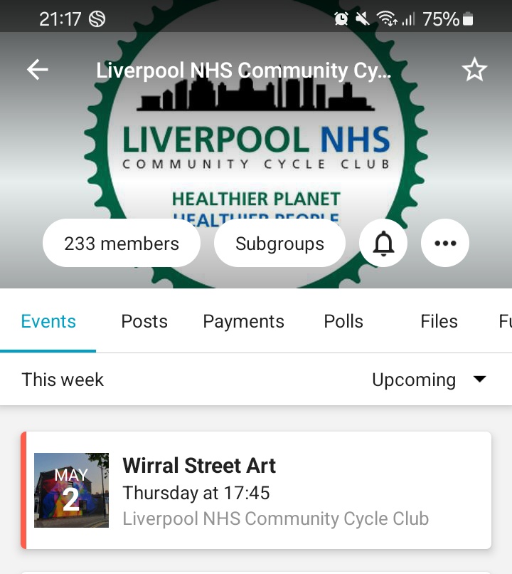 Hope its better weather Thursday for Liverpool NHS Cycle Clubs next trip out 🌧Heading over the water to tour street art.Really supportive. All abilities welcome. No cost. Join the club here for full details. group.spond.com/XGHKE #Wellbeing #ActiveApril @LiverpoolWomens