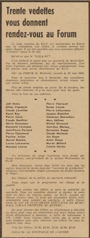 «Le 23 mai 1964, Jean-Pierre Ferland et 27 autres artistes et personnalités politiques de tous horizons présentaient «Gala 64», grand spectacle du Rassemblement pour l'indépendance nationale au Forum de Montréal» (via N. Gabrielli)