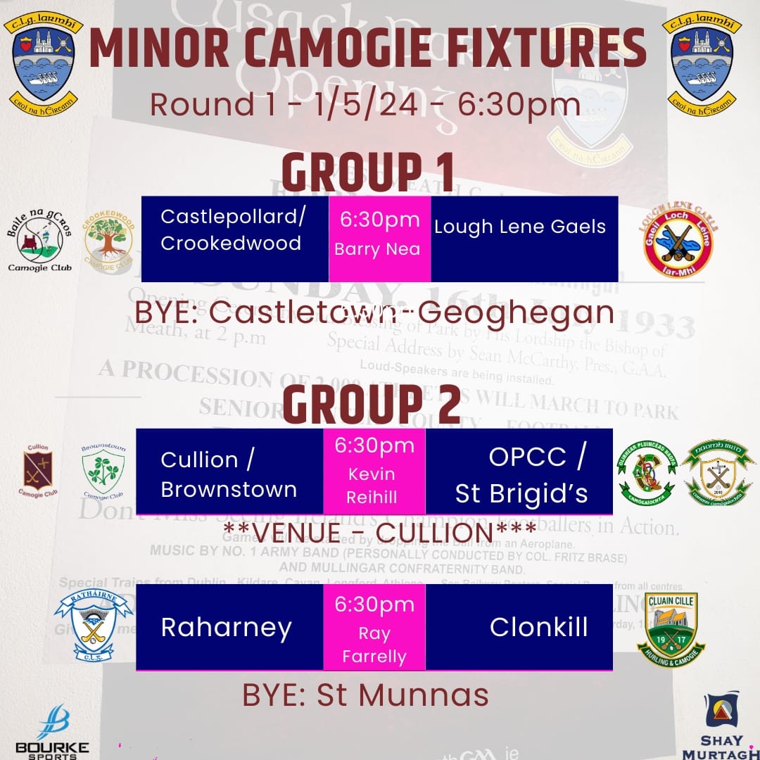 Minor fixtures for Wednesday evening this week as Group 1 and Group 2 Throw in for Round 1!

Please note the venue of Cullion for the game between Cullion/Brownstown and OPCC/Brigid's

#OurGameOurPassion #iarmhiabu #iarmhilecheile

🇶🇦🇶🇦🇶🇦🇶🇦🇶🇦