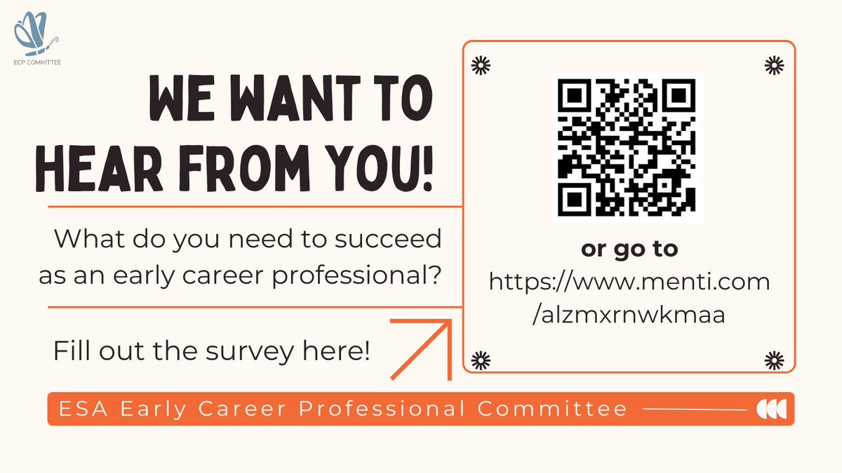 👋Hey early career professionals!

The #EntSocECP committee wants to hear from you about what you need to succeed as an early career professional! If you haven't already, please fill out the ECP committee feedback survey below. Thanks! 🤗

💻menti.com/alzmxrnwkmaa