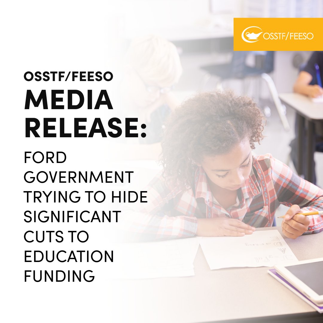 RELEASE: “I would like to say that public ed will be properly funded this year. Sadly, that’s not the case... There's nothing historic or commendable about repeatedly failing to meet student needs.'

#OSSTF reacts to MORE Ford gov cuts to #OntEd funding: bit.ly/3UC5ljD