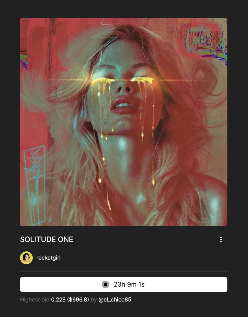 Oh wow! My new series IN SOLITIO just dropped and 1 of the 4 auctions has started already🚀 Thank you so much el_chico85 for kicking off SOLITUDE ONE Current bid $ETH 0.222 Ends 2.30pm EST // 7:30pm BST Link to the auction on @SuperRare below 🔻