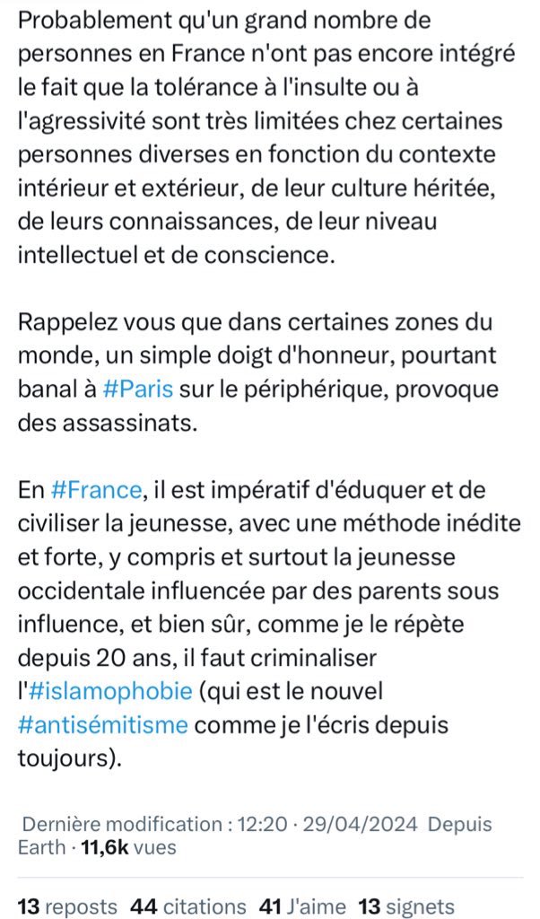 La réaction de l'abruti Rimmel sur le meurtre du jeune #Matisse. 

Non, nous n'avons pas à céder aux mœurs barbares de ceux qui nous envahissent. 

Ils dégagent et on retrouve nos rues propres.