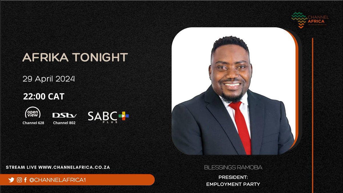 📲 Stream live via @SABCPlus app  
📺 Watch on DSTV channel 802 | Open View channel 628  
🎧 Listen online: bit.ly/SoundaAfrica  

#ChannelAfrica channels to tune in.
#VoteForBlessingsRamoba
TONIGHT AT-22:00
Listen in for yourself 👌🤍
BE THERE OR BE TOLD‼️