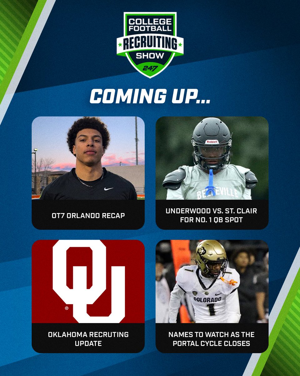 🚨College Football Recruiting Show🚨 TODAY AT 5pm ET! 🏈OT7 Orlando Event Recap 🏈Bryce Underwood could be challenged by Tavien St. Clair for the No. 1 QB spot 🏈What's next for Oklahoma recruiting 🏈Names to watch as the portal cycle closes WATCH: youtube.com/live/v_qN-_BHY…