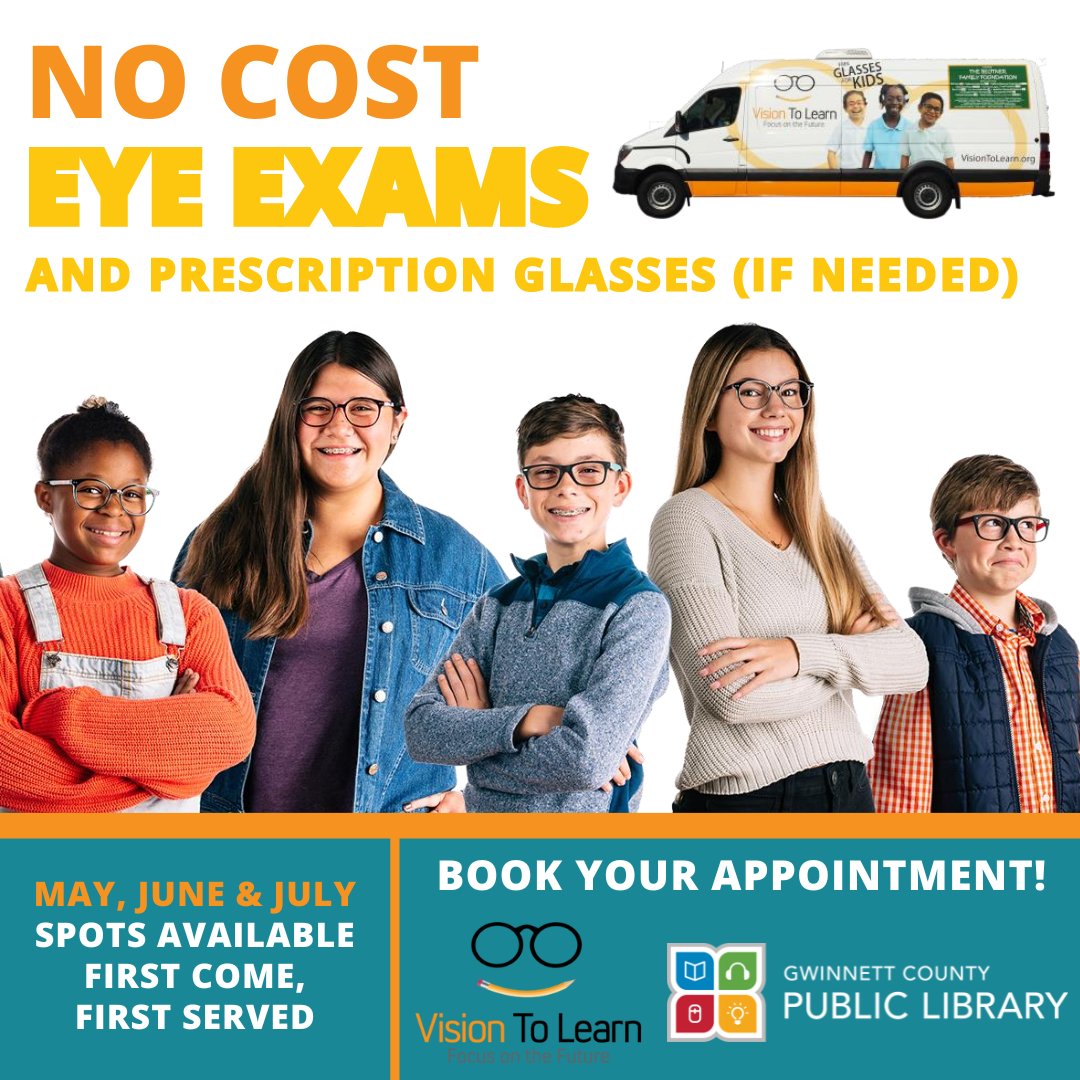 #GwinnettLibrary is teaming up with @visiontolearn to provide FREE vision screenings, eye exams, and, if necessary, glasses for children. 👓 ✨ Clear vision is crucial for academic success. Book your appointment now! gwinnettpl.org/news/vision-to… #GwinnettCounty #VisionScreenings
