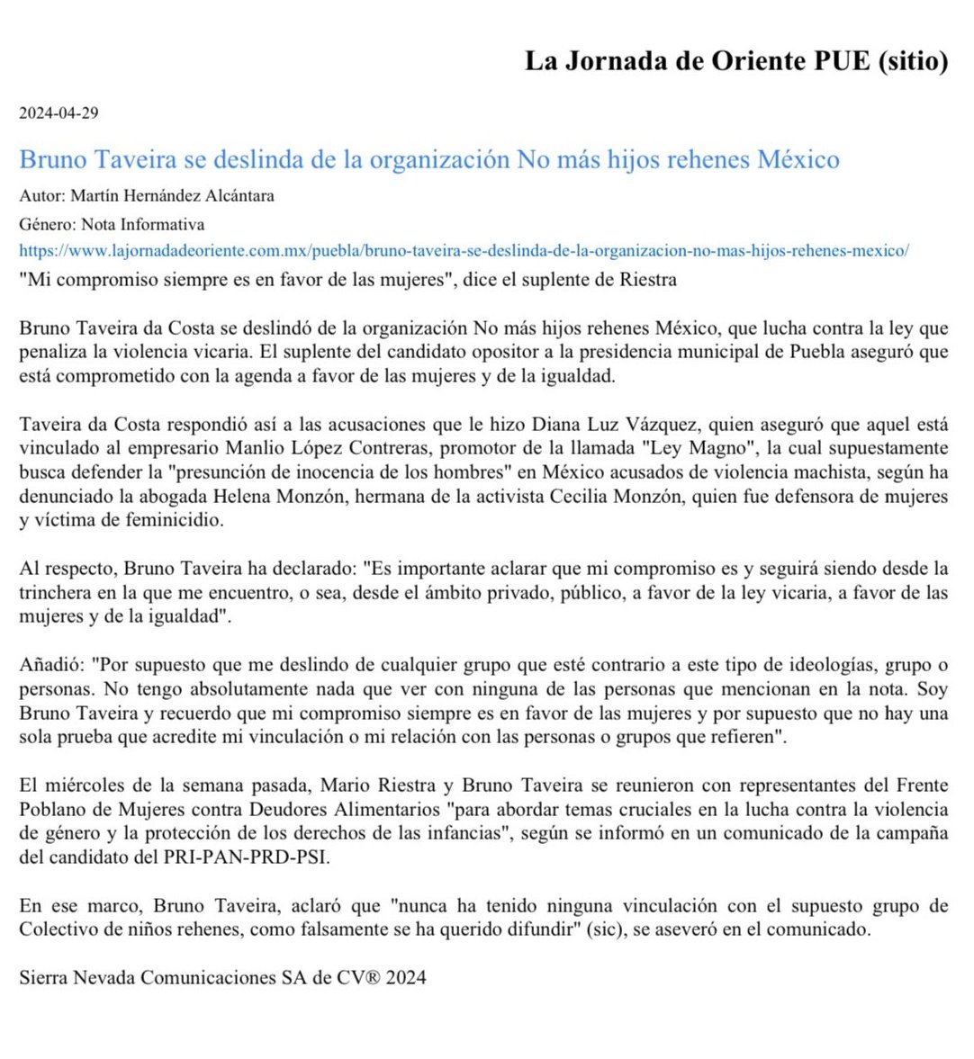 Hasta hoy se deslindó @SoyBrunoTaveira de su compa Manlio Magno y los rehenes de la pensión. Qué bueno, le costó días asimilar que desde el inicio era así de sencillo @marioriestra. Ni a Bruno ni a nadie que busque ocupar cargos le toleraremos expresiones machistas #LeyVicaria