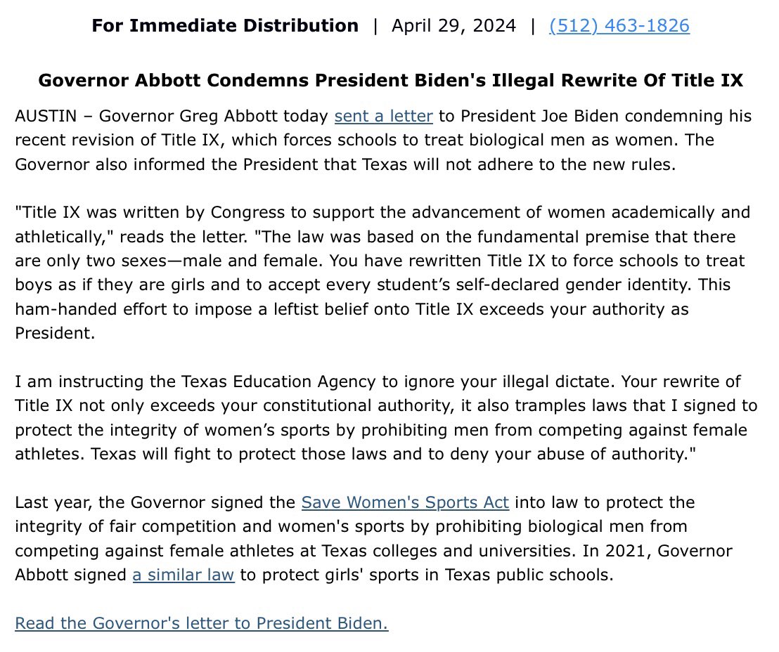 NEW… Gov Abbott instructs the Texas Education Agency to ignore Biden’s “illegal rewrite” of #TitleIX, which “forces schools to treat biological men as women.”
Texas leading again!!!!