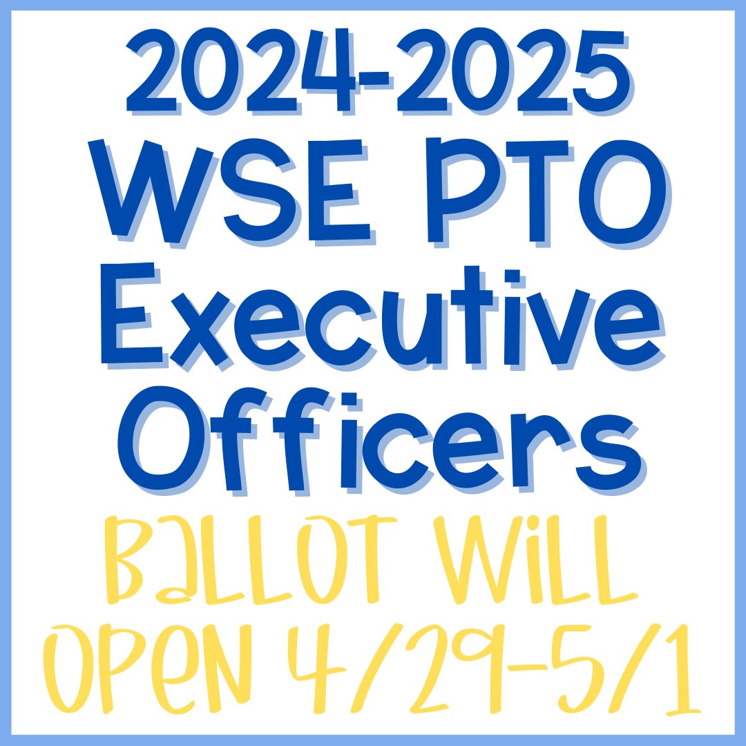 Voting for our 2024-2025 Executive Board is open till May 1st! Everyone who has an account through the PTO website will be emailed a link to vote (one vote per family). If you do not have an account on this website, please sign up today ➡ wse-pto.org