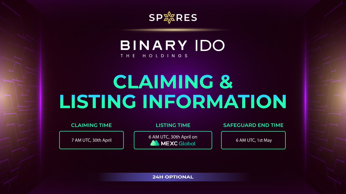 📢 @thebinaryhldgs 𝗟𝗜𝗦𝗧𝗜𝗡𝗚 𝗜𝗡𝗙𝗢𝗥𝗠𝗔𝗧𝗜𝗢𝗡 Dear The Binary Holdings Investors, Here is all the information about the listing of $BNRY for you 👇 ✅ Claiming time: 7 AM UTC, 30th April on launchpad.spores.app/ido/the-binary… ✅ Listing time: 6 AM UTC, 30th April on MEXC ✅…