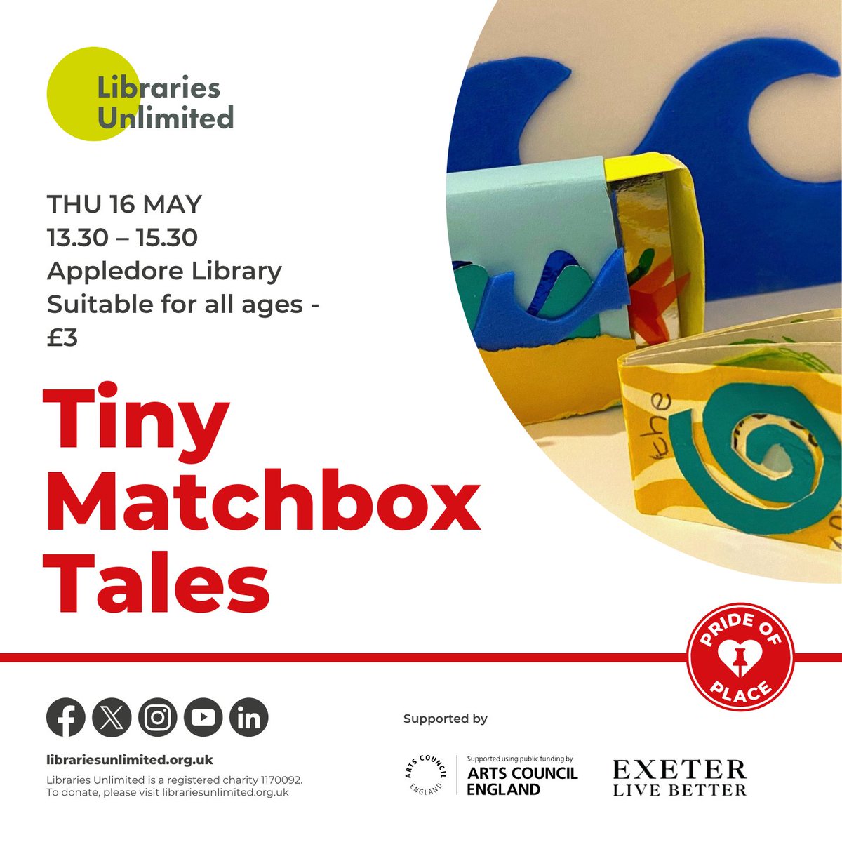 Come to Bideford. Appledore or Kingskerswell Library to make matchbox books and miniature decorated boxes using origami and concertina folds, along with papers, textiles, and drawing materials! Please contact the libraries directly for tickets. #LibrariesUnlimited #ACEFunded