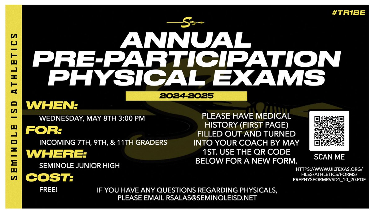 Athletic Physicals- info @ seminoleathletics.org