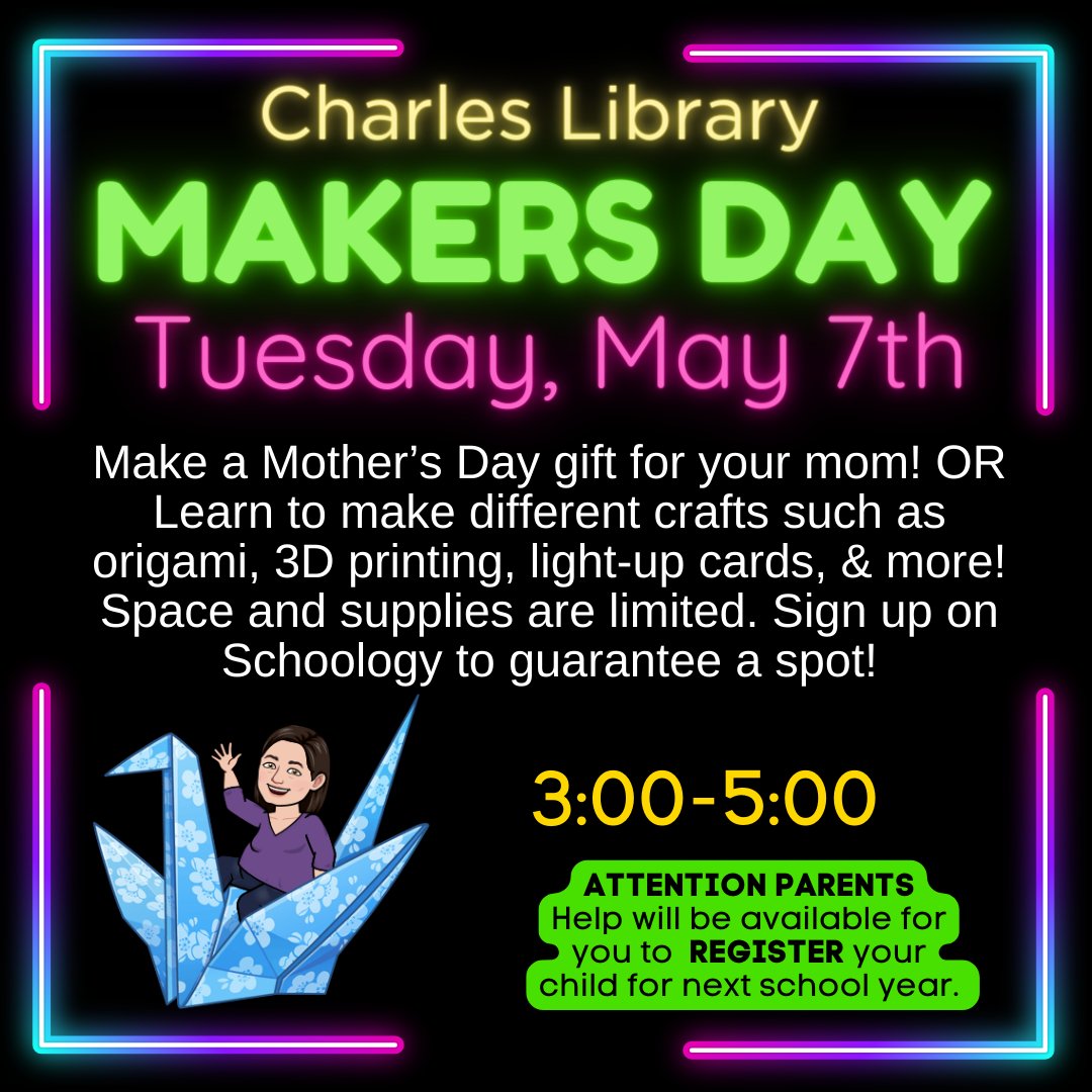 Our Makers Day has been moved to May 7th from 3-5. Come make a Mother's Day gift or enjoy our other maker space activities. Space & supplies are limited so sign up early. Walk-ins & parents are welcome if space allows. @CharlesChargers @EPISDLibraries @DottyCaldwell10