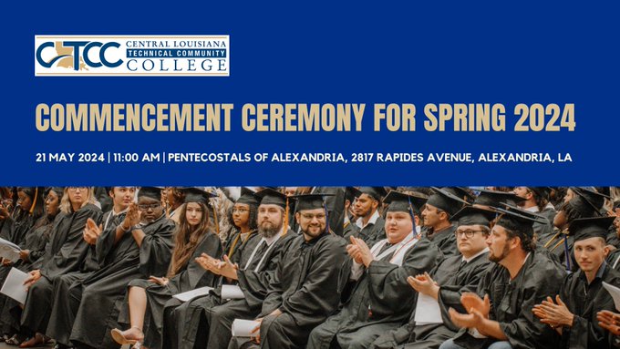 🎓COMMENCEMENT CEREMONY FOR SPRING 2024 The 2024 commencement ceremony will be held on Tuesday, May 21st at 11:00 AM at the Pentecostals of Alexandria sanctuary. For more info: tinyurl.com/2z6bd83f #goCLTCC😸 #BobcatProud🐾