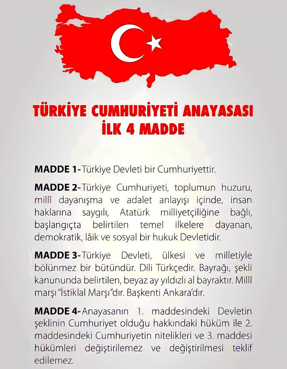 mst1881's tweet image. TÜRKİYE CUMHURİYETİ Anayasamızın İlk 4 Maddesi ve Madde 66 - TÜRK Devletine Vatandaşlık bağı ile bağlı olan Herkes TÜRKTÜR. TÜRK Babanın veya TÜRK Ananın Çocuğu TÜRKTÜR. Kırmızı Çizgimizdir.!🇹🇷 #AnayasamaDokunma #Anayasa