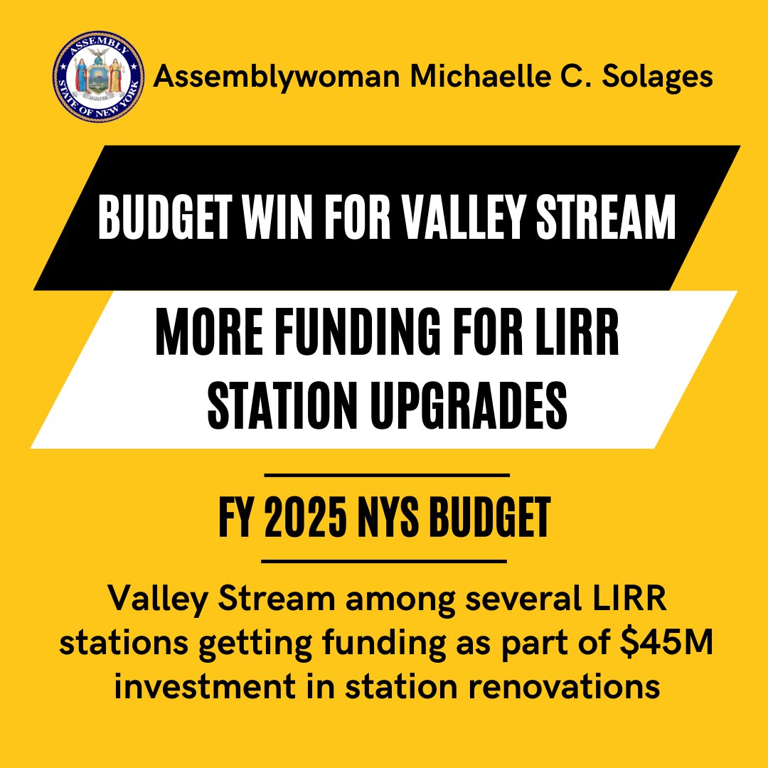Budget win for #ValleyStream! As part of the FY 2025 NYS Budget, the Valley Stream @LIRR station will be receiving more funding for renovations. Commuters deserve a modern, safe, and accessible station. I look forward to seeing these enhancements materialize.